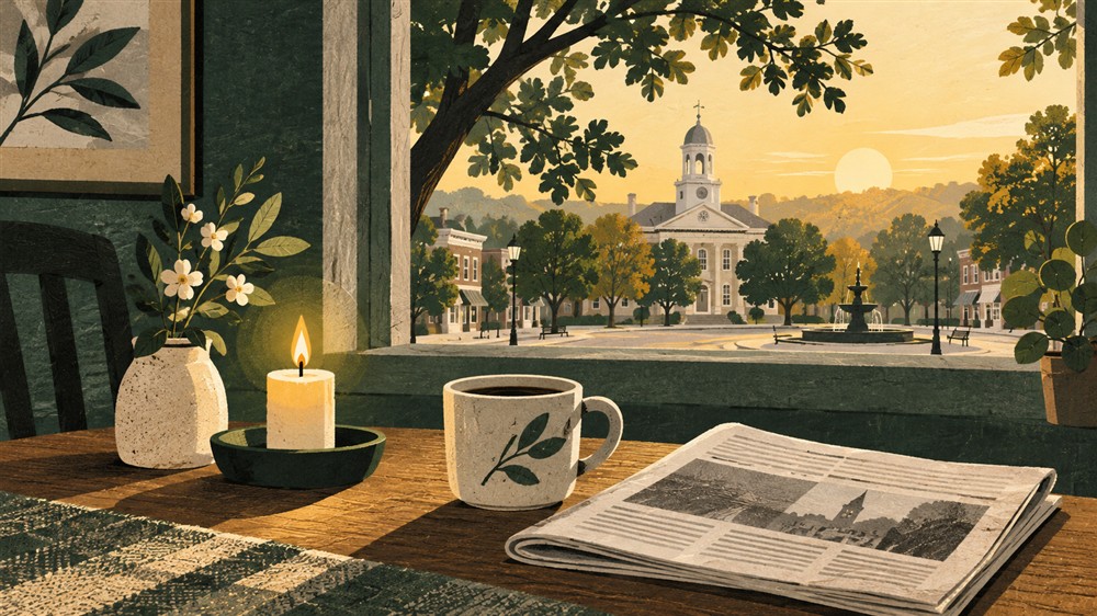 An illustrated candle and morning paper beside a window overlooking a town at sunrise