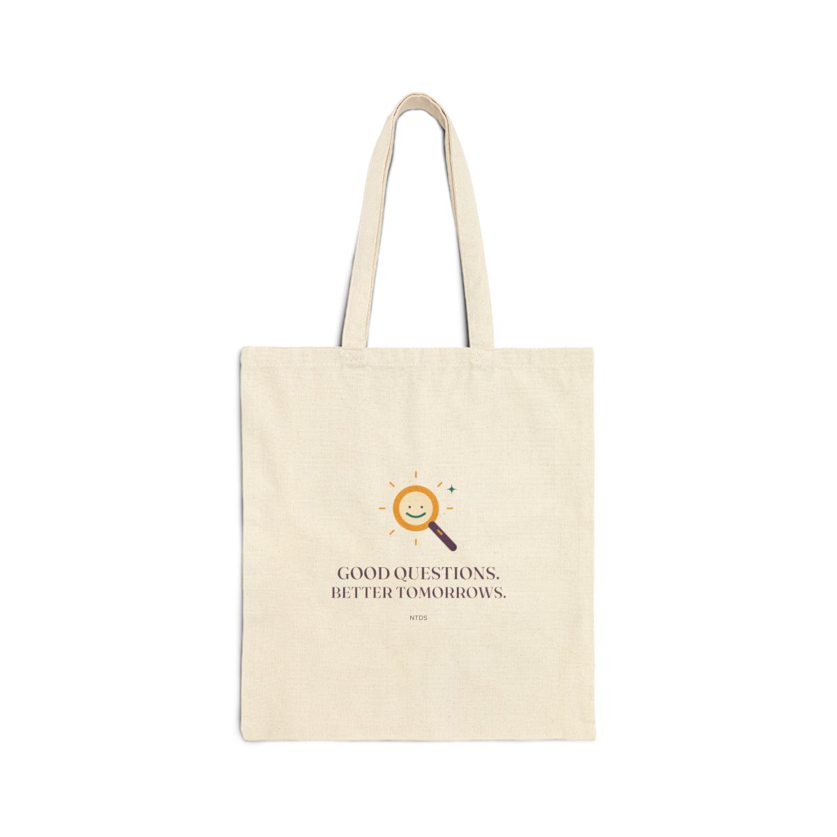 Supplier render; not a photograph: Good Questions Canvas Tote · Supplier render