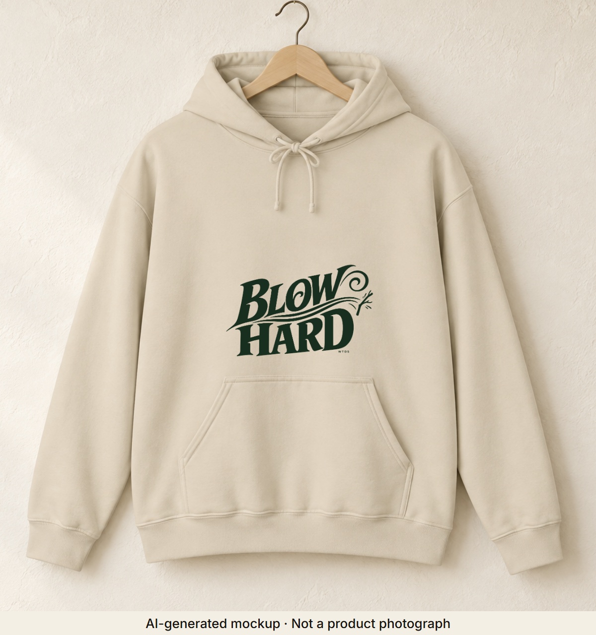 Blow Hard Hoodie. AI-generated mockup · Not a product photograph · AI-generated mockup · Not a product photograph