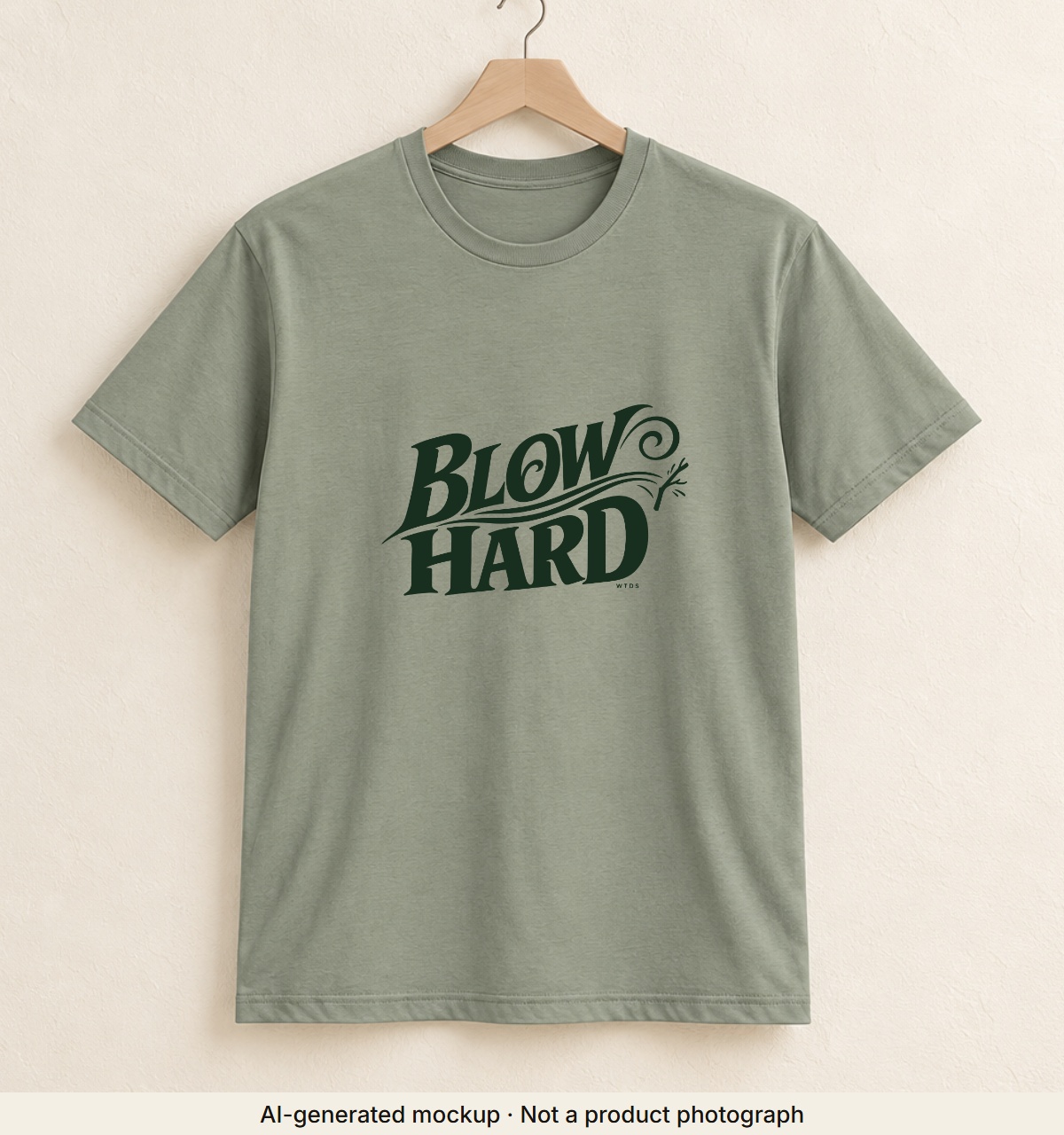 Blow Hard · Weather Tee. AI-generated mockup · Not a product photograph · AI-generated mockup · Not a product photograph