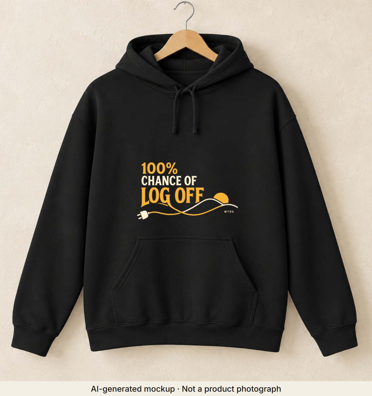 100% Chance of Log Off Hoodie. AI-generated mockup · Not a product photograph · AI-generated mockup · Not a product photograph