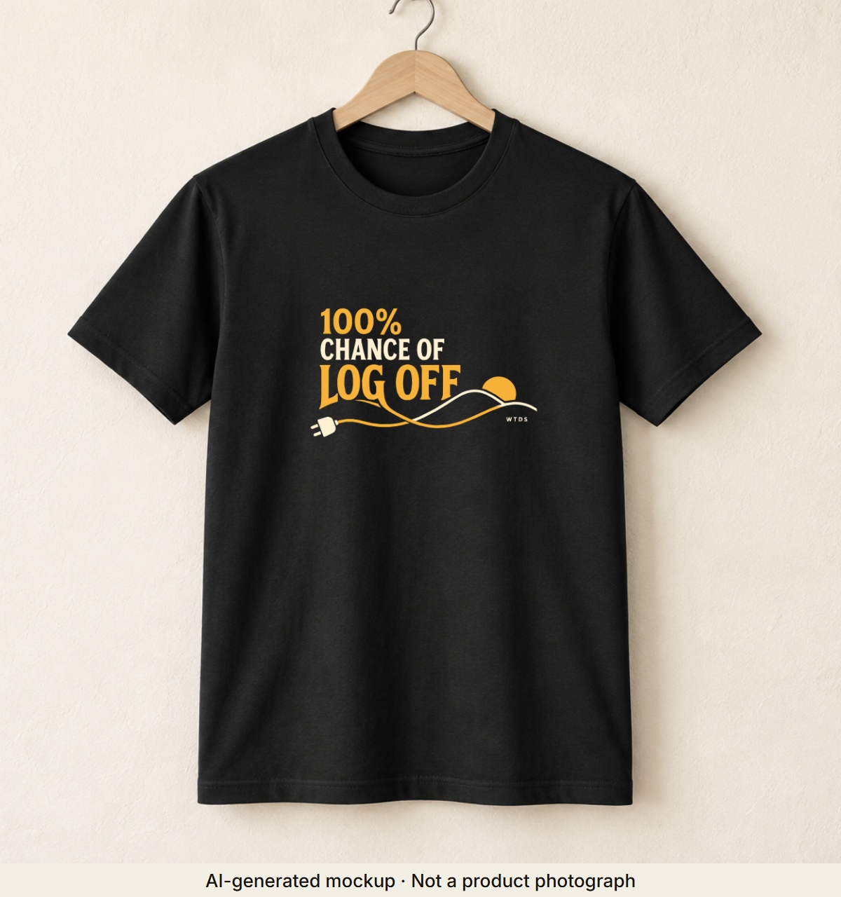 100% Chance of Log Off · Weather Tee. AI-generated mockup · Not a product photograph · AI-generated mockup · Not a product photograph