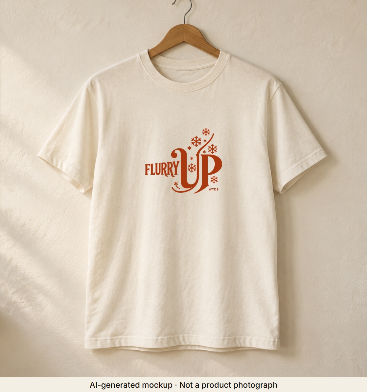 Flurry Up · Weather Tee. AI-generated mockup · Not a product photograph · AI-generated mockup · Not a product photograph