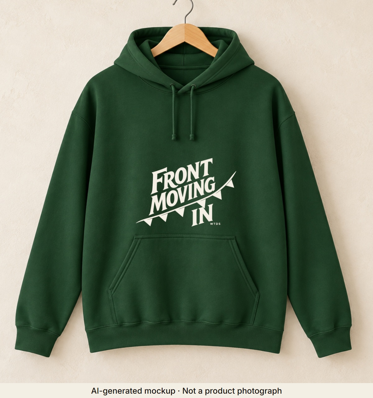 Front Moving In Hoodie. AI-generated mockup · Not a product photograph · AI-generated mockup · Not a product photograph