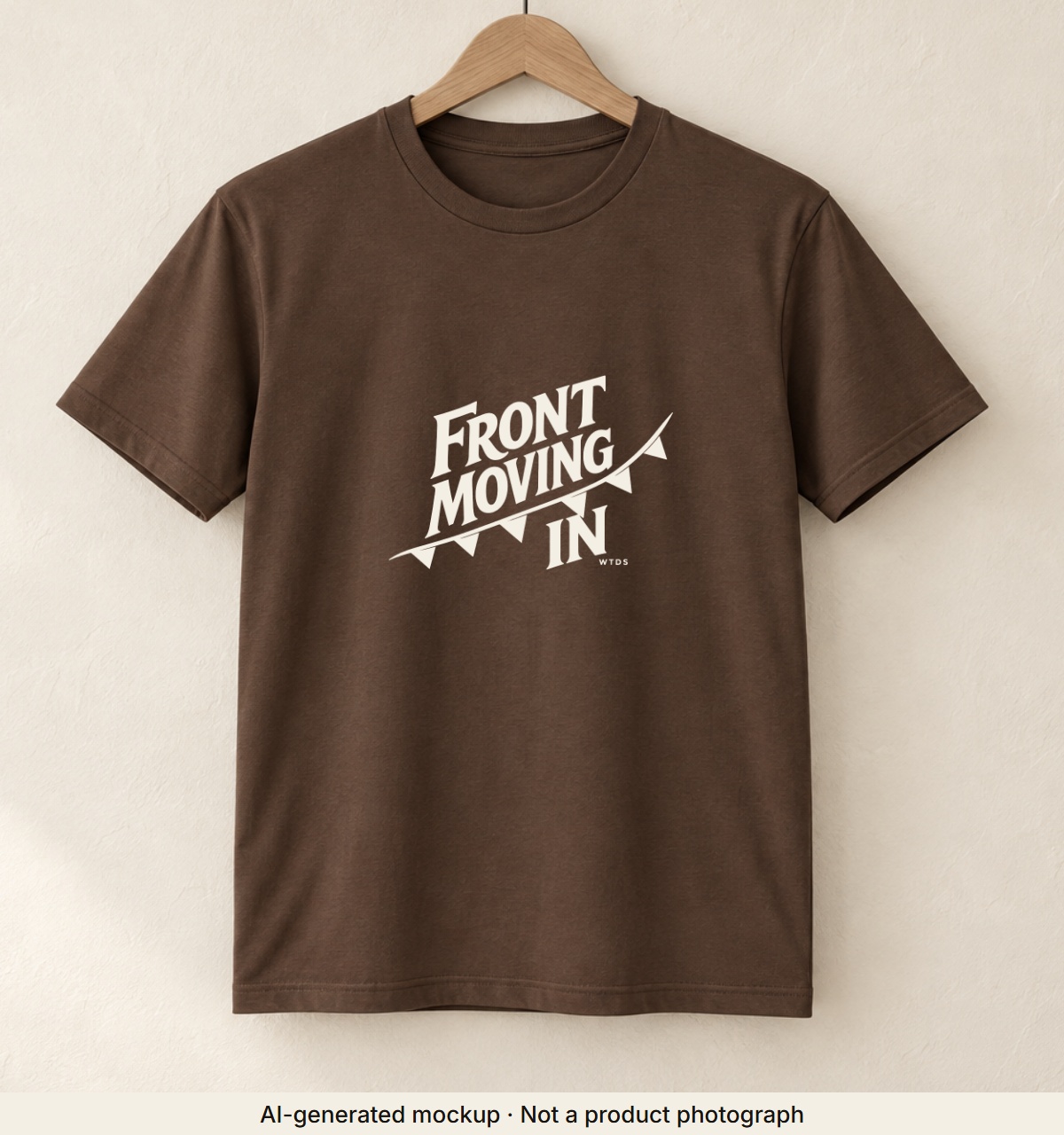 Front Moving In · Weather Tee. AI-generated mockup · Not a product photograph · AI-generated mockup · Not a product photograph