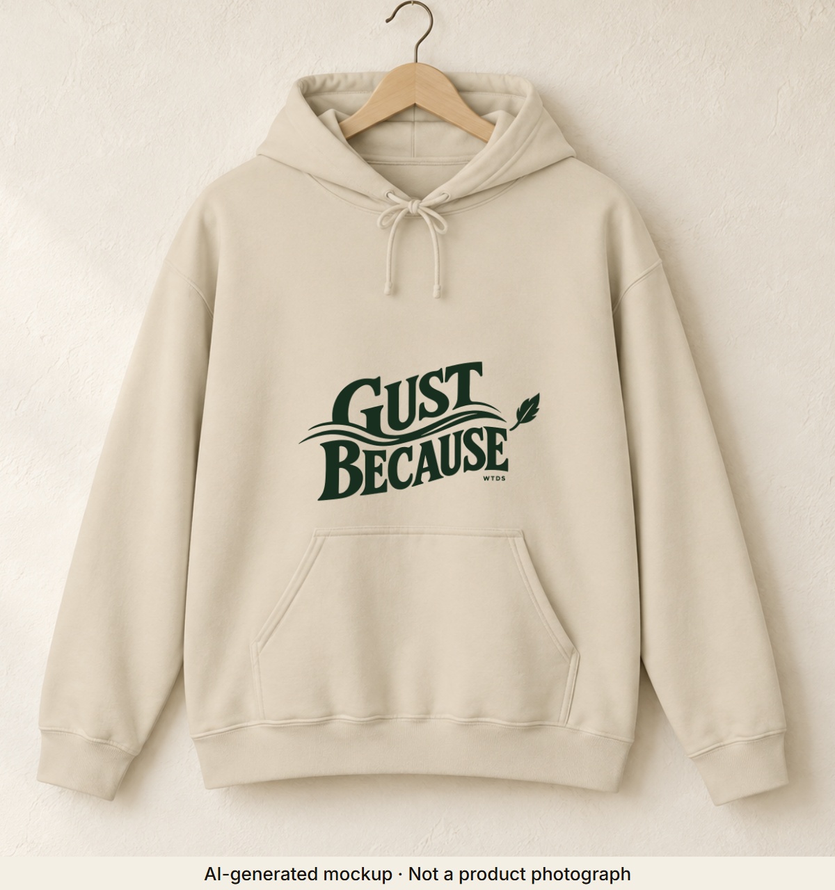 Gust Because Hoodie. AI-generated mockup · Not a product photograph · AI-generated mockup · Not a product photograph