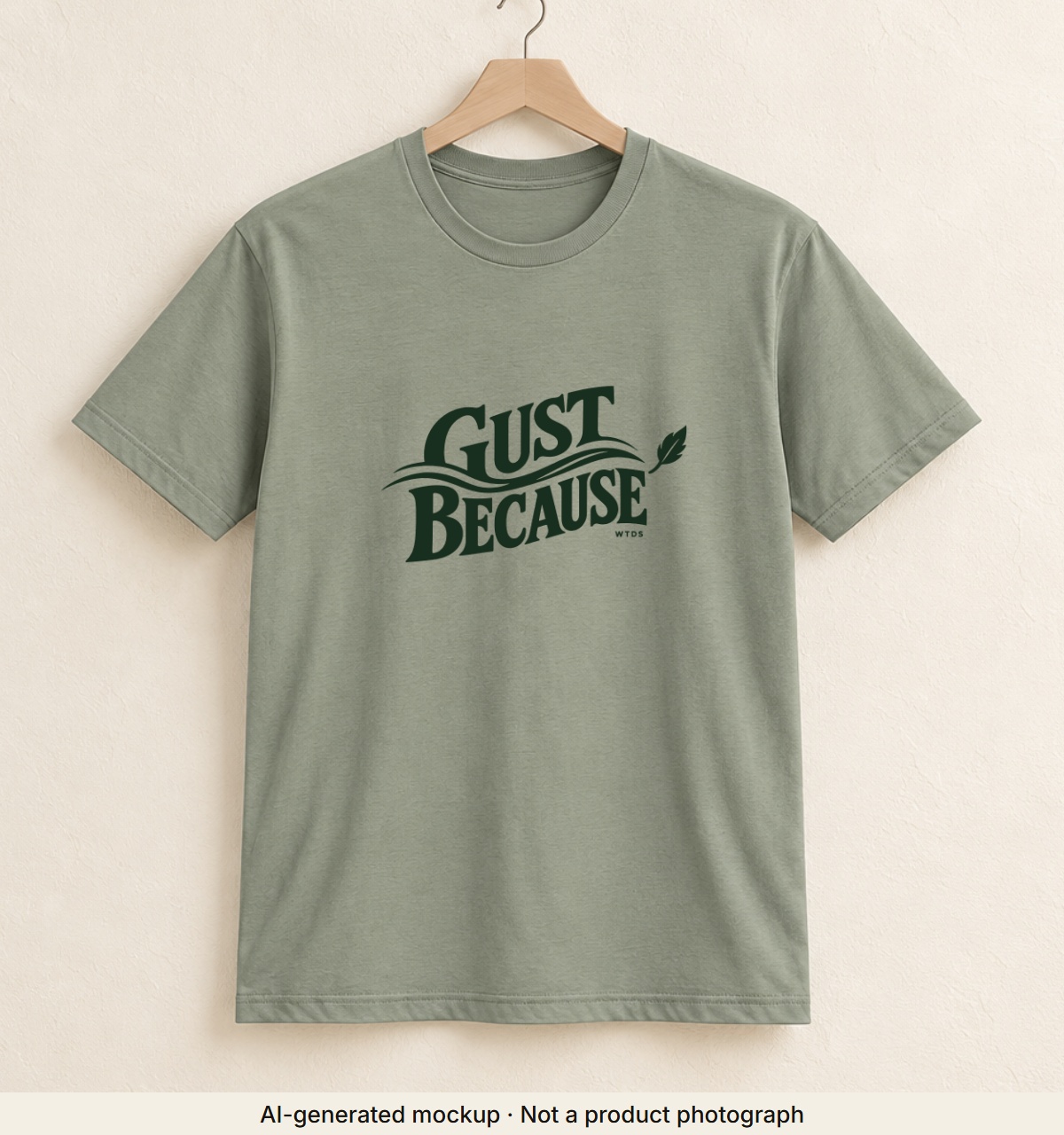 Gust Because · Weather Tee. AI-generated mockup · Not a product photograph · AI-generated mockup · Not a product photograph