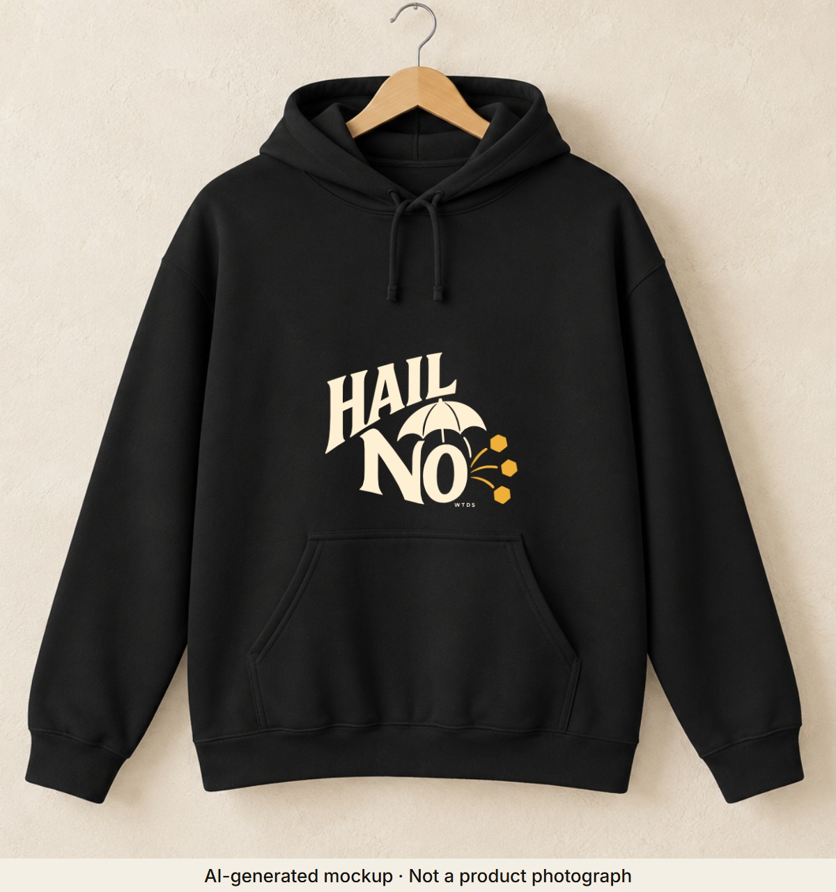 Hail No Hoodie. AI-generated mockup · Not a product photograph · AI-generated mockup · Not a product photograph