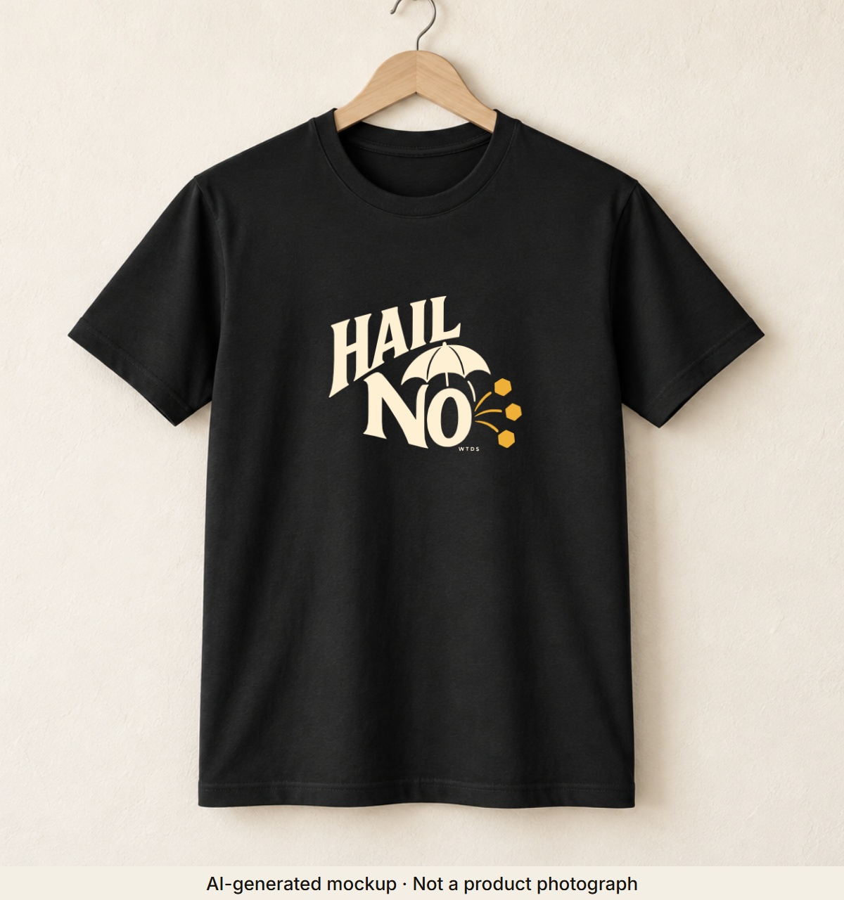 Hail No · Weather Tee. AI-generated mockup · Not a product photograph · AI-generated mockup · Not a product photograph