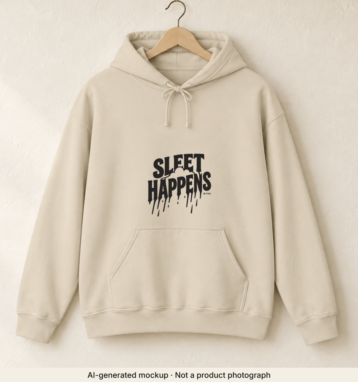 Sleet Happens Hoodie. AI-generated mockup · Not a product photograph · AI-generated mockup · Not a product photograph