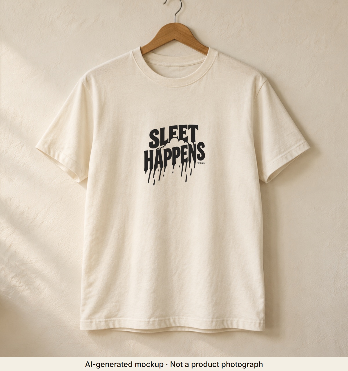 Sleet Happens · Weather Tee. AI-generated mockup · Not a product photograph · AI-generated mockup · Not a product photograph