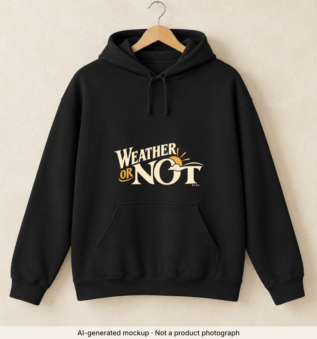 Weather or Not Hoodie. AI-generated mockup · Not a product photograph · AI-generated mockup · Not a product photograph