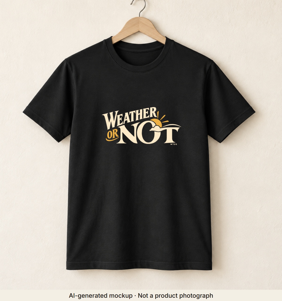 Weather or Not · Weather Tee. AI-generated mockup · Not a product photograph · AI-generated mockup · Not a product photograph