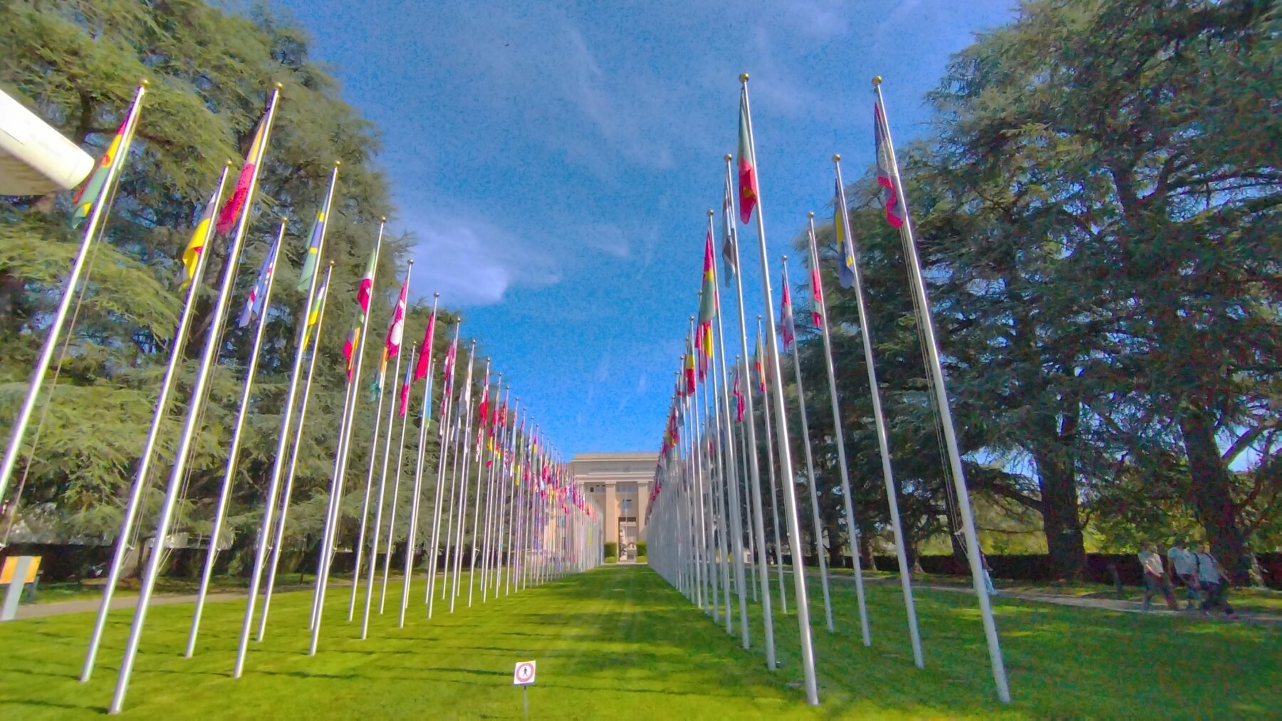 Rows of flags outside the Palais des Nations in Geneva.