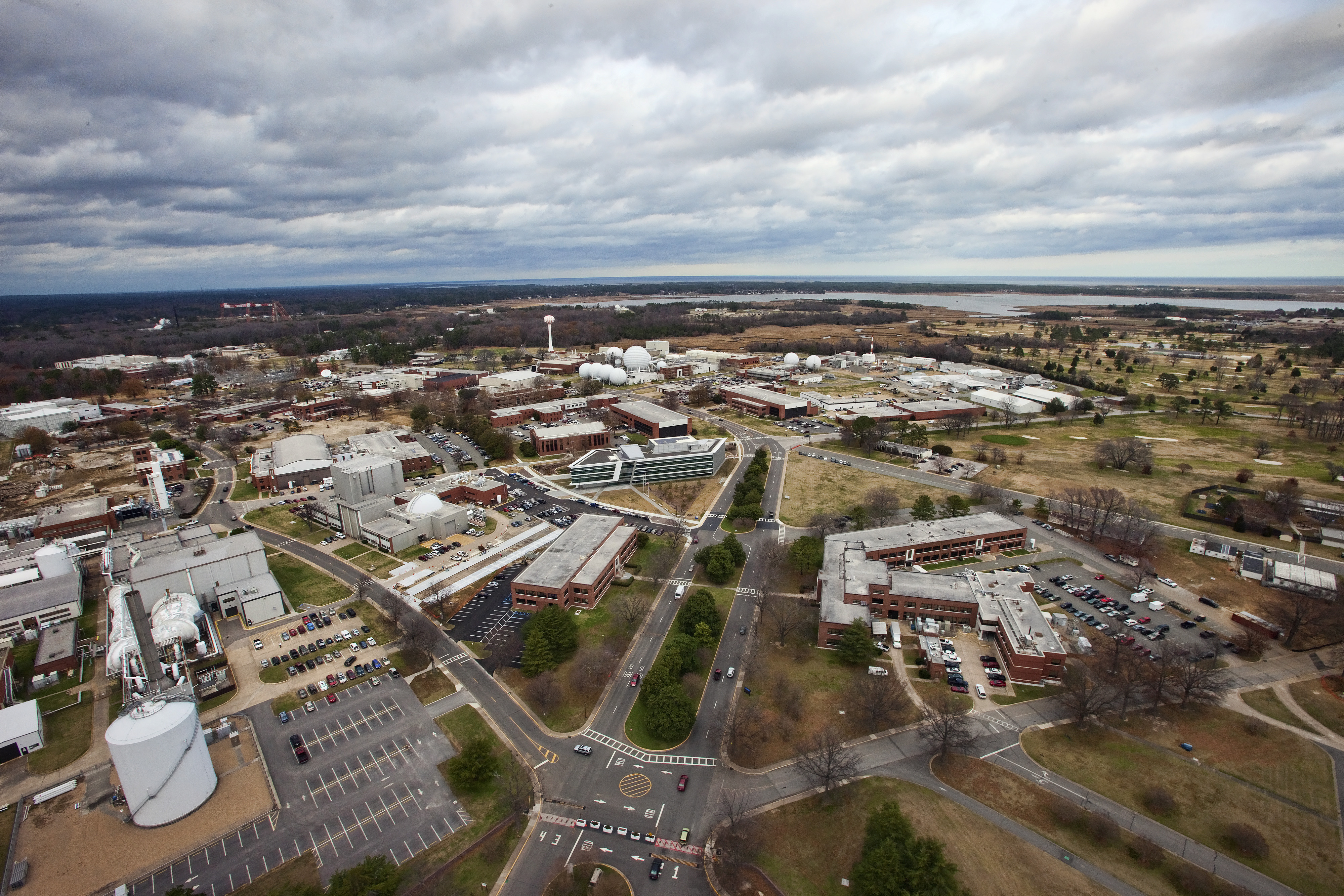 An aerial view of buildings and facilities at NASA Langley.