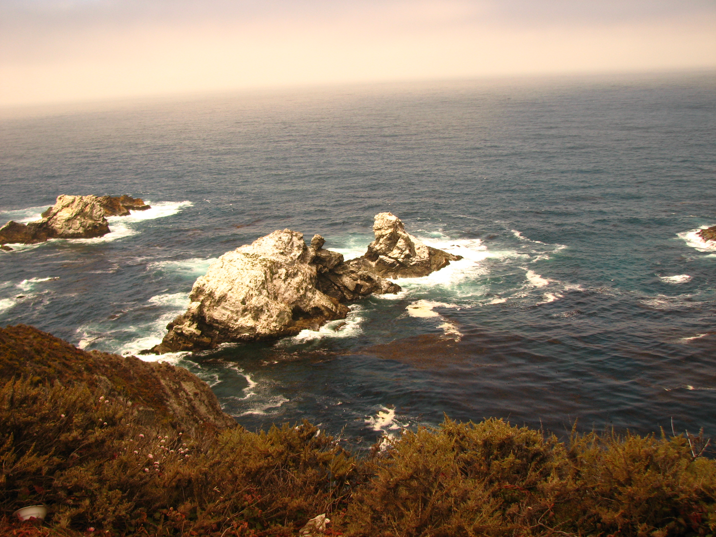 Waves across blue Pacific Ocean water seen from a coast.
