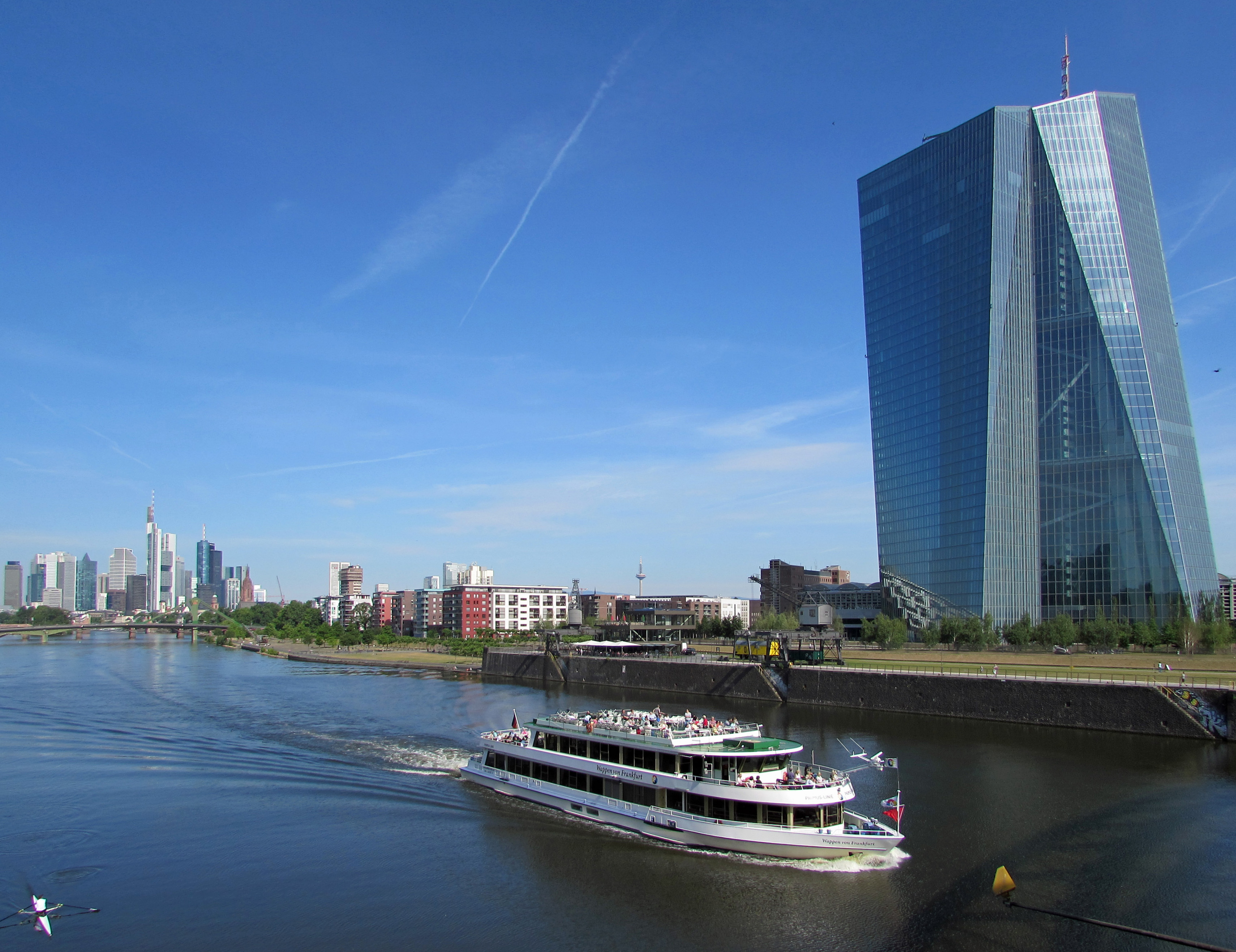 European Central Bank tower by the River Main in Frankfurt.