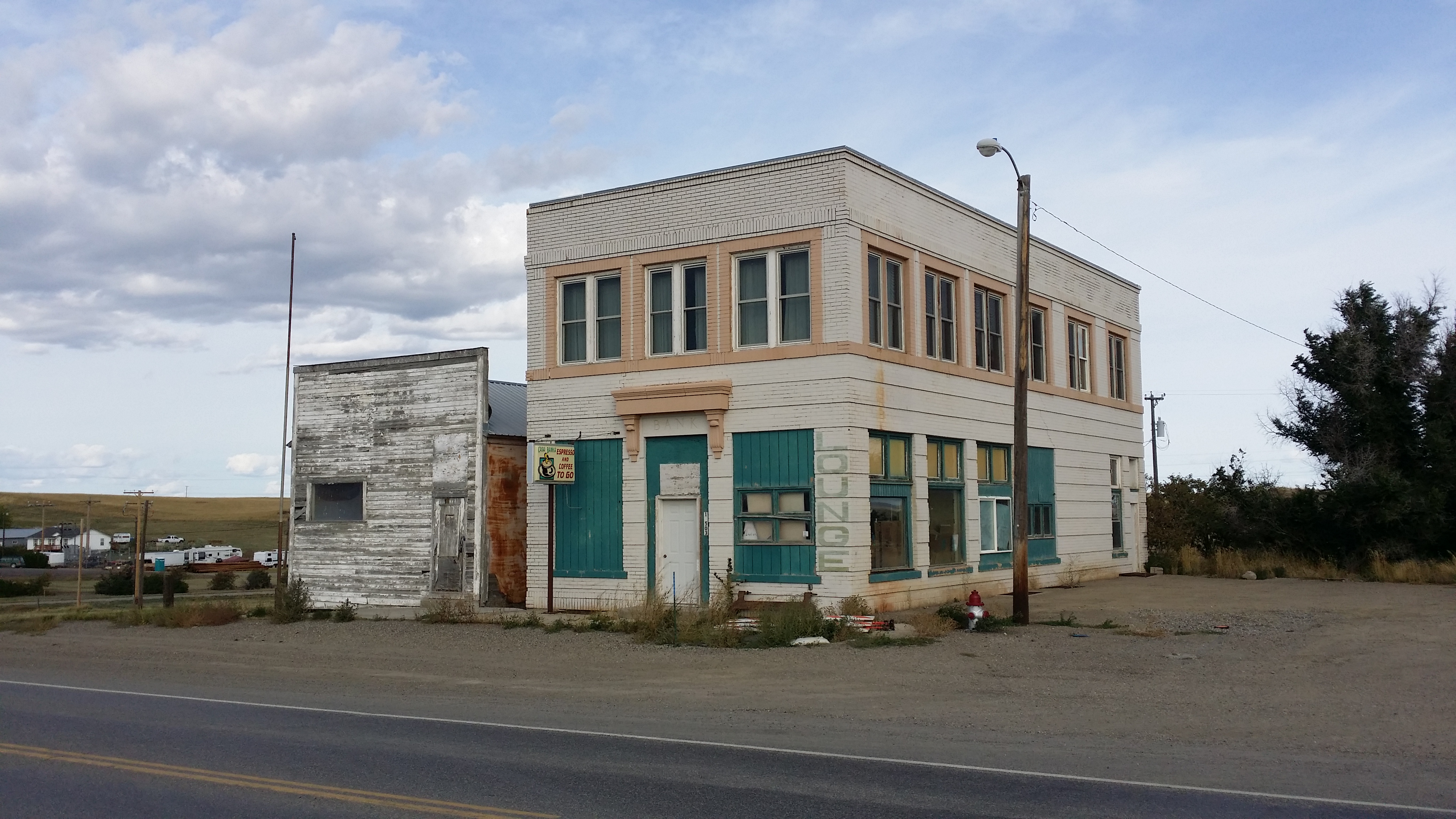 An older commercial building and street in Broadview, Montana.