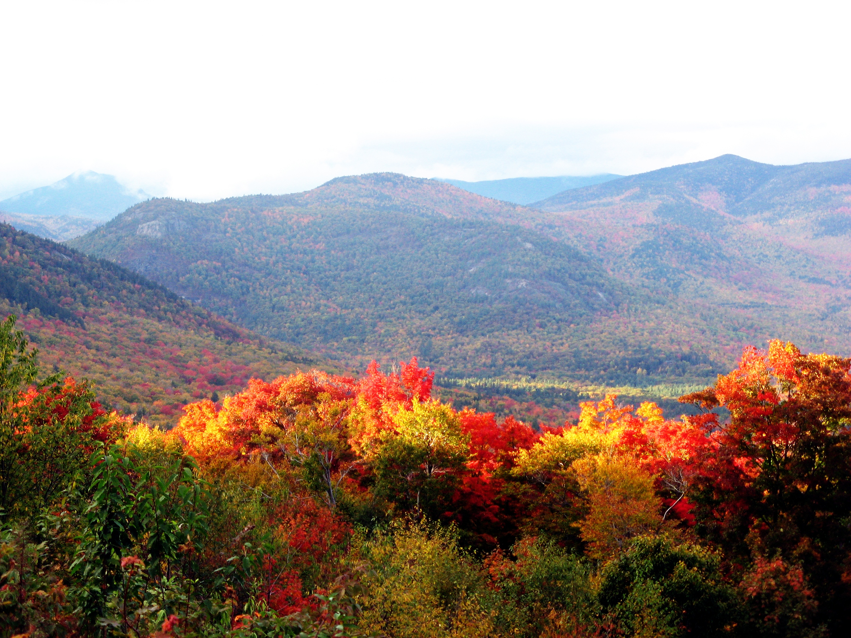 Red and yellow autumn trees in front of forested New Hampshire hills.